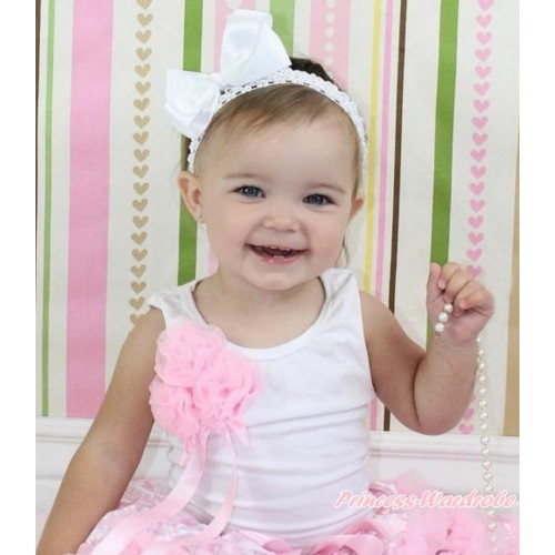 White Tank Top with Bunch of Light Pink Rosettes& Light Pink Bow TB232 